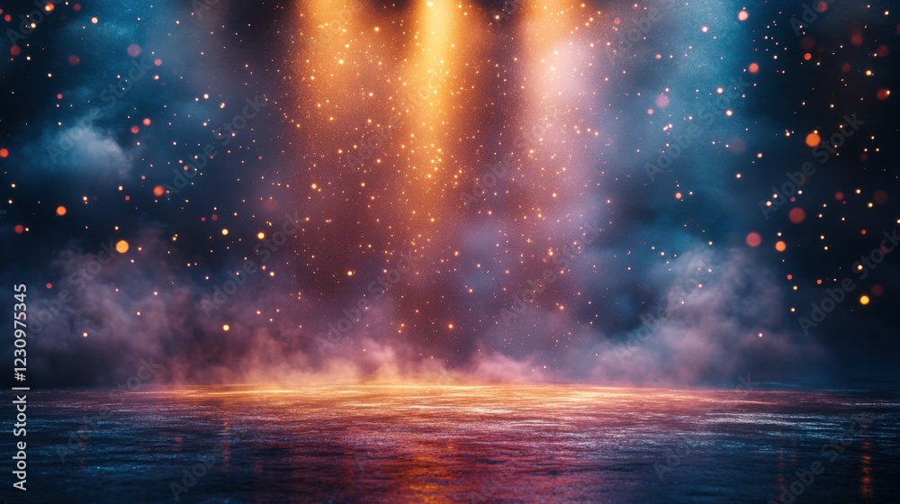 Fototapeta premium Dramatic stage lighting with sparkling particles and mist creating an enchanting atmosphere