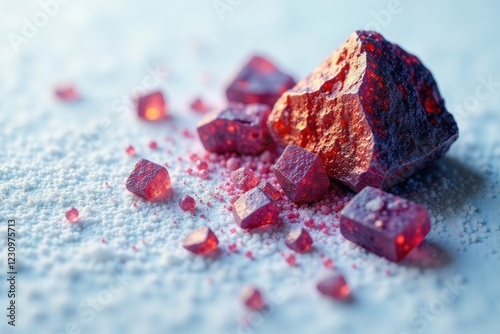 Iron ore crystals scattered on a snowy white surface, crystal, speckled photo