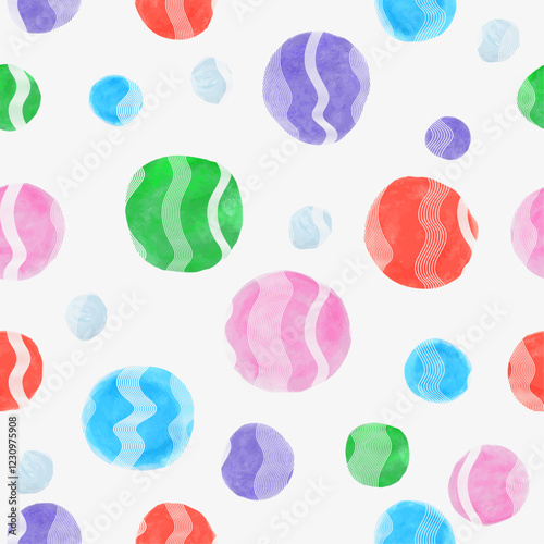 Seamless pattern with colorful polka dots and wave lines on white background. Watercolor. Chaotic placement. Vector image.