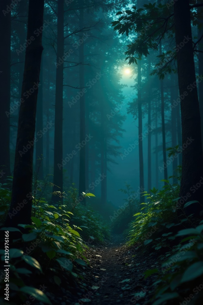 Fototapeta premium Luminous cap glowing softly in the dark jungle air, forest, night, entwined