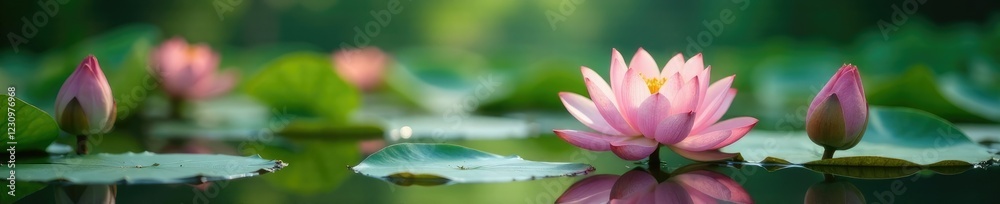 serene landscape with lotus flowers blooming in the foreground, mindfulness, water serene landscape with lotus flowers blooming in the foreground, mindfulness, water