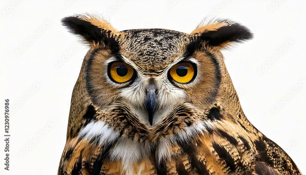 Obraz premium Great Horned Owl, Bubo Virginianus Subarcticus, in front of white
