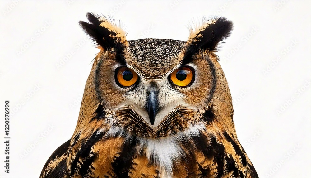 Great Horned Owl, Bubo Virginianus Subarcticus, in front of white Great Horned Owl, Bubo Virginianus Subarcticus, in front of white