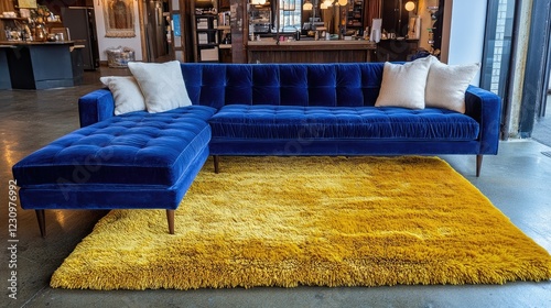 A high-end lounge with a cobalt blue couch, soft cream cushions, and a vibrant mustard yellow shag rug