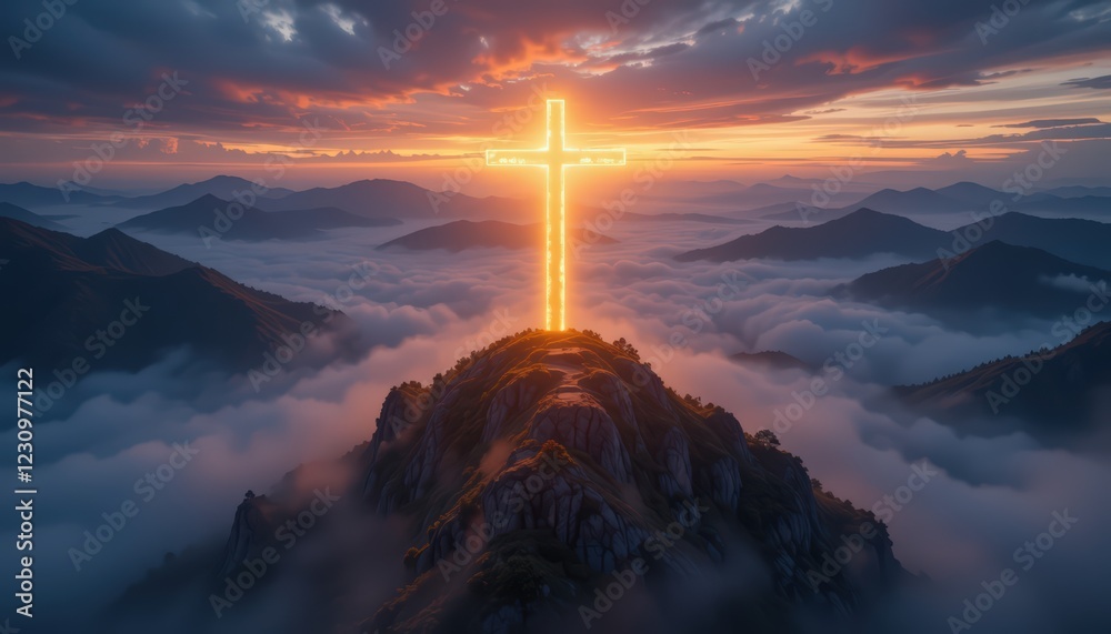 Fototapeta premium Golden Cross Atop Majestic Mountain Peak at Sunset