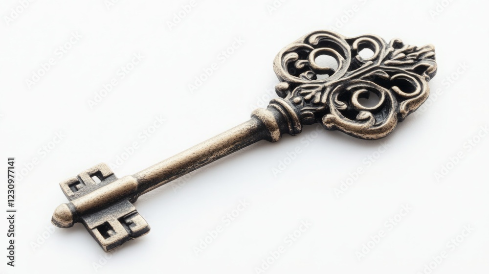Ornate antique key on white background. A symbol of secrets and mystery. Ornate antique key on white background. A symbol of secrets and mystery.
