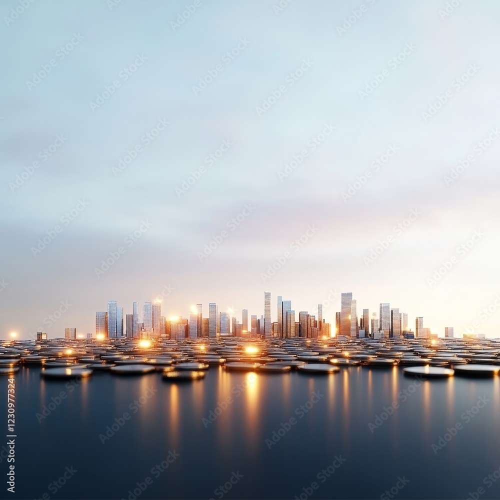 Fototapeta premium Futuristic waterfront city skyline at twilight showcasing illuminated buildings and serene water reflections under a pastel sky, a blend of nature and urban architecture.