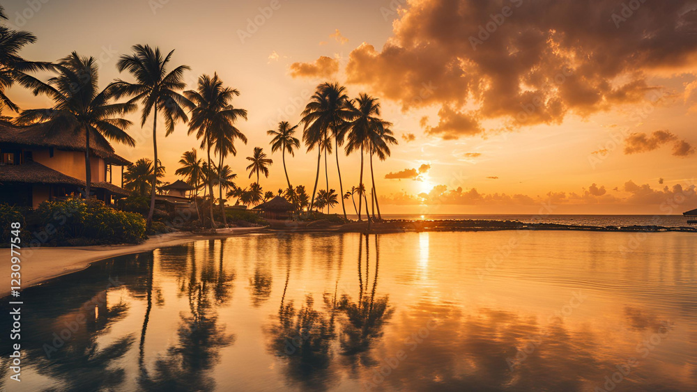 Obraz premium A tropical destination with a sunset backdrop near the ocean