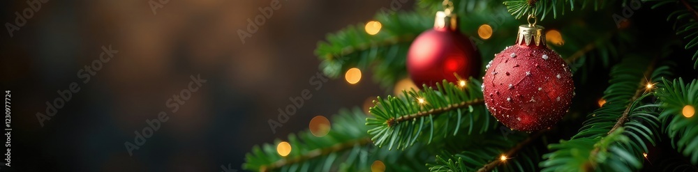 Obraz premium Sparkling ornaments on a decorated evergreen tree, holly, ornaments, holiday
