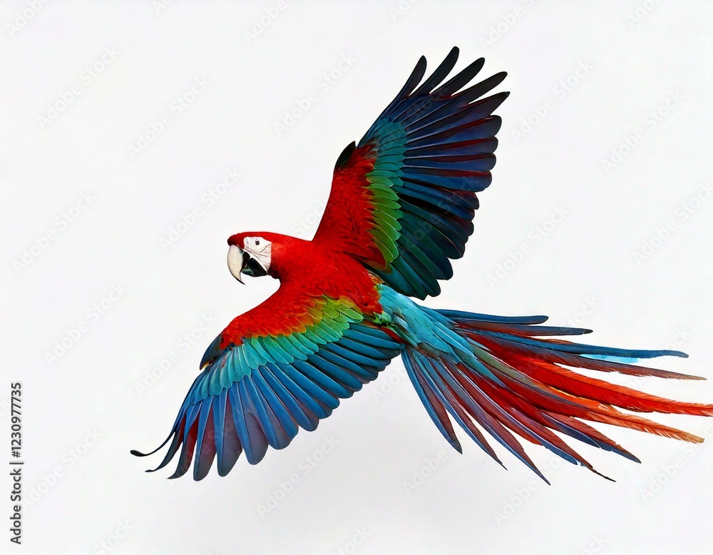 Fototapeta premium Green-winged Macaw, Ara chloropterus, 1 year old, flying in front of