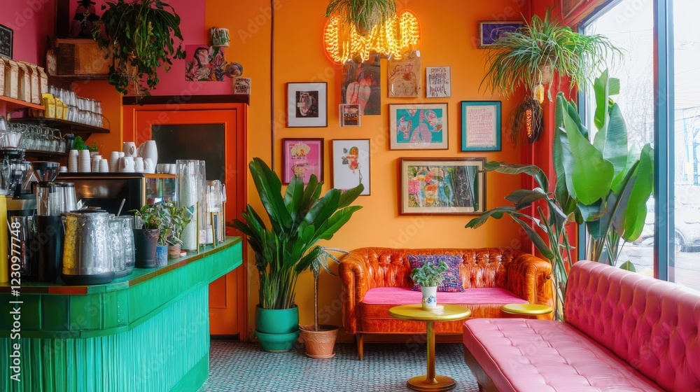 Fototapeta premium A lively coffee shop interior with bold color-blocked walls, mismatched neon furniture, and artistic decor