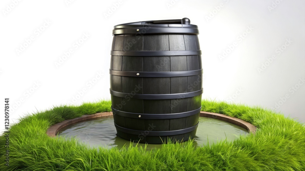 Black Rain Barrel on Lush Green Grass Panoramic Photo - Isolated Black Rain Barrel on Lush Green Grass Panoramic Photo - Isolated