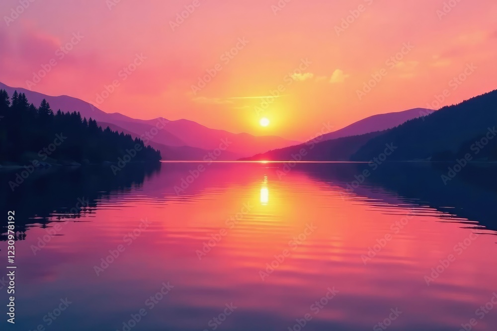 Obraz premium Sunset over a serene lake with a smooth gradient background from pink to orange, pink, sky