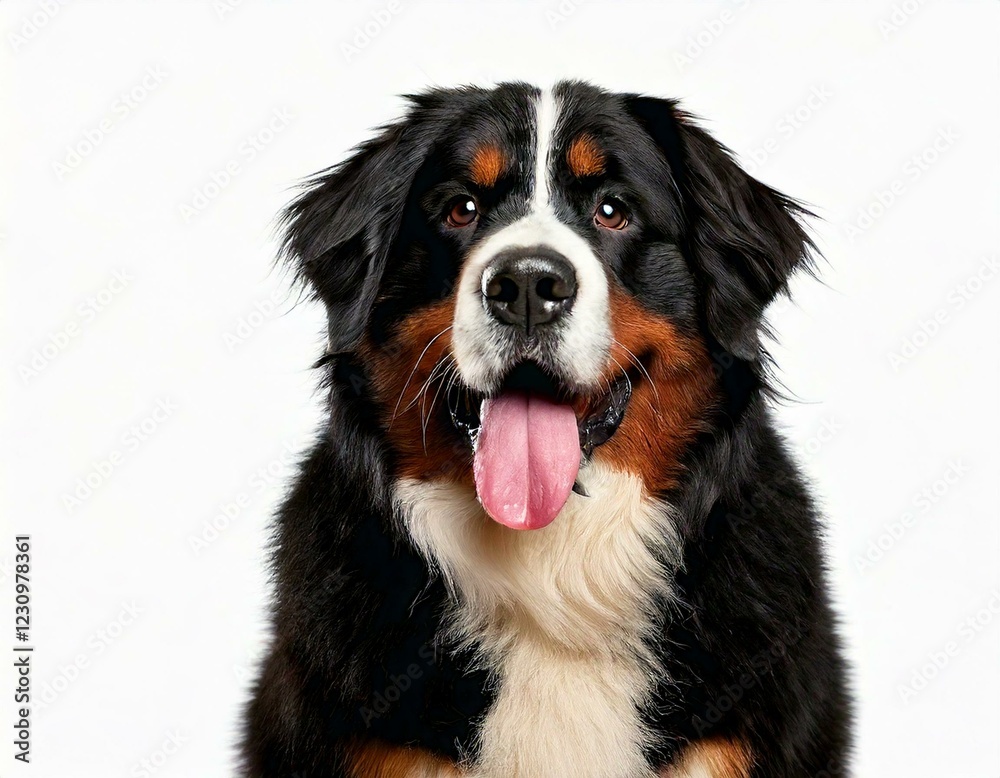 Happy Bernese mountain dog sitting on a white background and Happy Bernese mountain dog sitting on a white background and