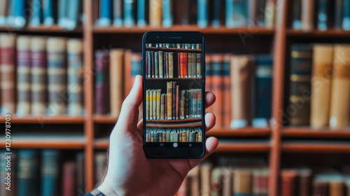 close-up of a hand holding a smartphone in front of a neatly arranged setup showing a modern device and its user interface. AI generative photo