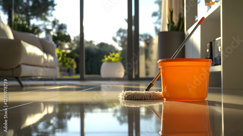 mop and bucket sit on a shiny tiled floor ready for cleaning.  AI generative photo