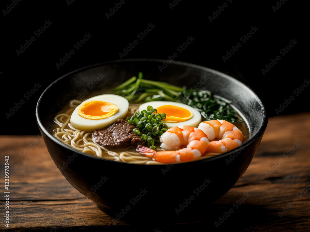Indonesian noodle soup with beef tofu shrimp vegetables and egg in a white bowl on the wooden table. Indonesian noodle soup with beef tofu shrimp vegetables and egg in a white bowl on the wooden table.