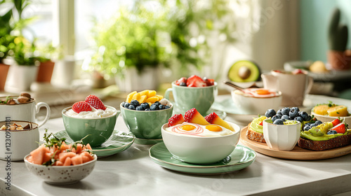 Wallpaper Mural fresh breakfast table with colorful fruit and yogurt bowls Torontodigital.ca