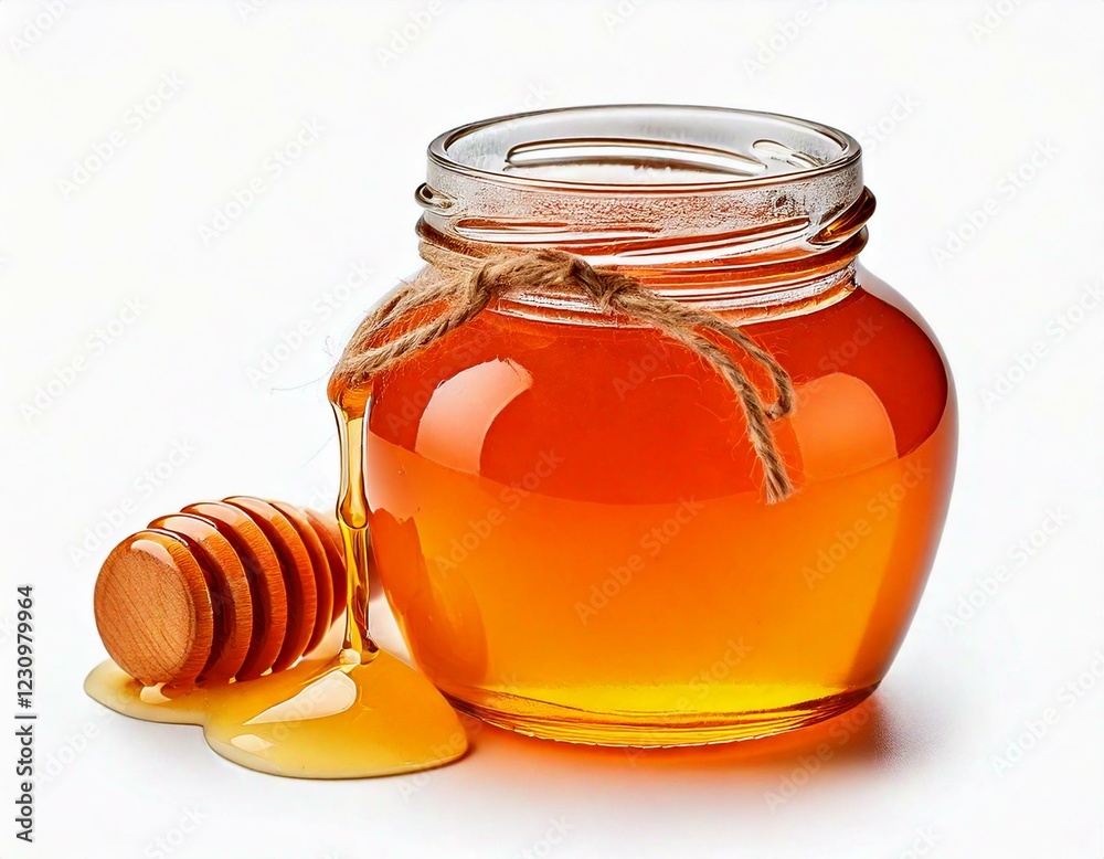 Honey isolated on white background. Jar with honey and honey Honey isolated on white background. Jar with honey and honey