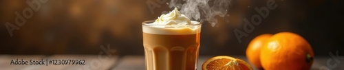 Creamy coffee beverage in a tall glass with a splash of orange juice, BeverageOnTable, LuxuryDrinks photo