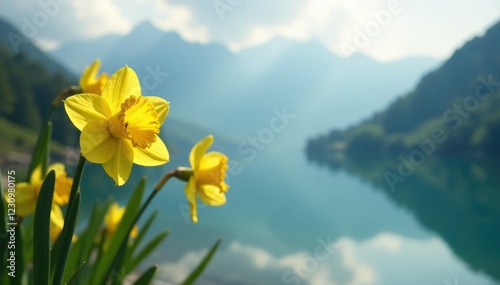 Daffodil in gold against misty mountain backdrop, water, peaceful, colors