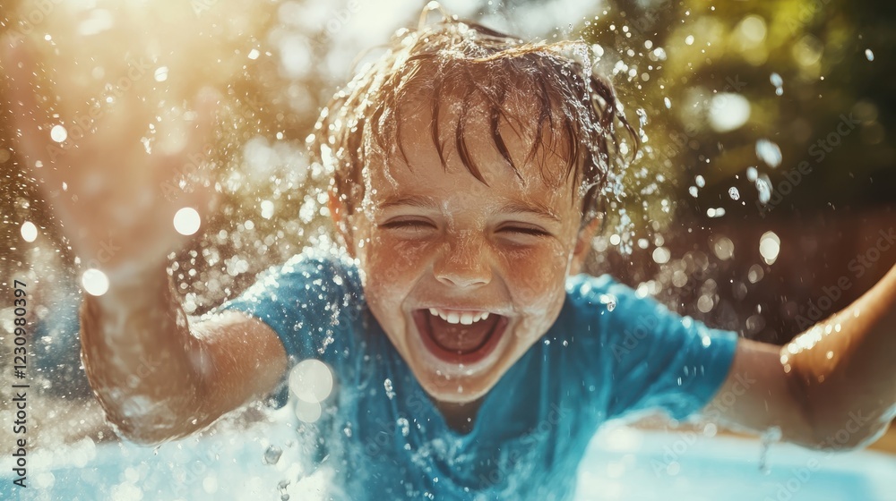 Joyful moments of a child dancing through sparkling water on a summer day Joyful moments of a child dancing through sparkling water on a summer day