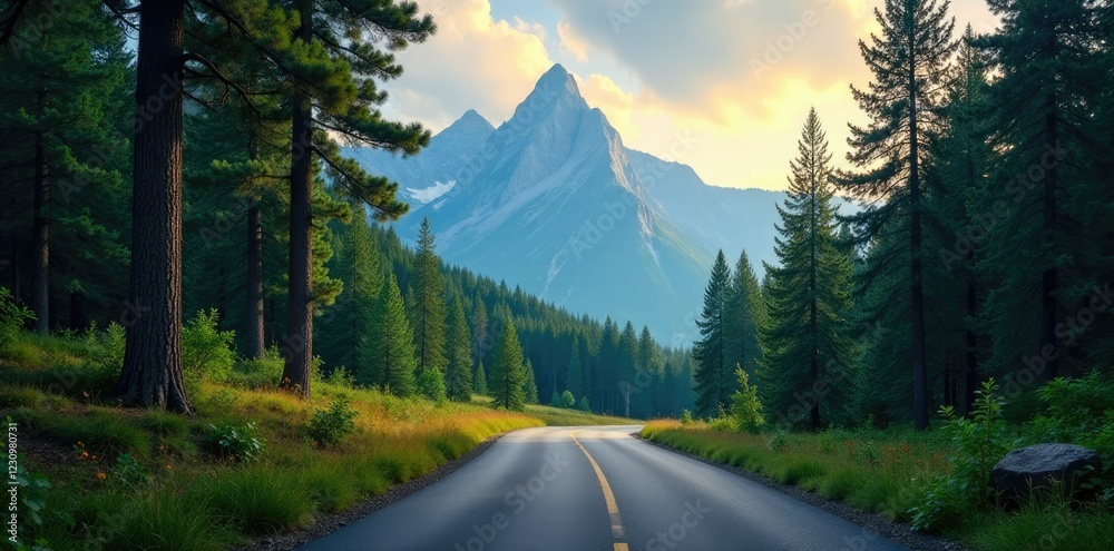 Forest road winding through trees with a mountain range in the background, clouds, wildlife, mountain range Forest road winding through trees with a mountain range in the background, clouds, wildlife, mountain range