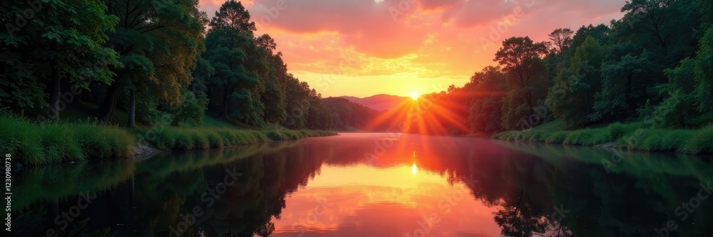 forest river bank at sunset with reflection in water, trees, natural forest river bank at sunset with reflection in water, trees, natural
