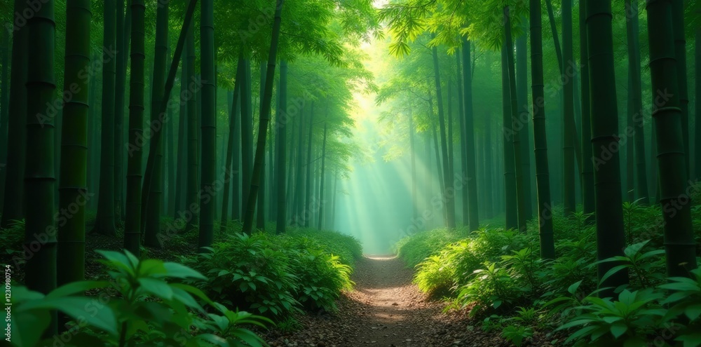 Fototapeta premium Forest trail winding through misty bamboo forest, lush, forest, trail