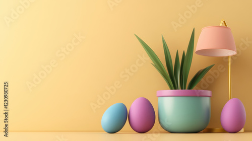 Wallpaper Mural modern plant in pot with decorative eggs and lamp on yellow background Torontodigital.ca
