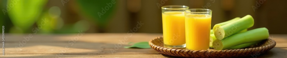 Fresh sugarcane juice glass on a woven basket tray, juice, natural Fresh sugarcane juice glass on a woven basket tray, juice, natural