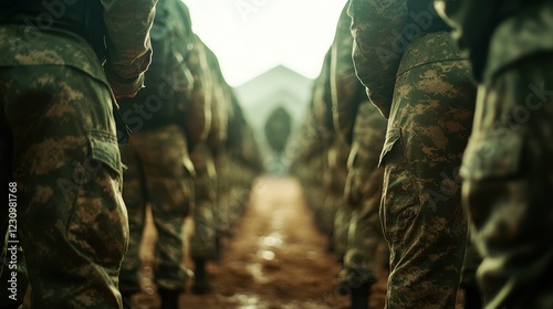 Soldiers execute precise formation during military drill practice