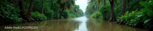 Road submerged in murky waters, trees swaying, weathered trees, hurricane damage