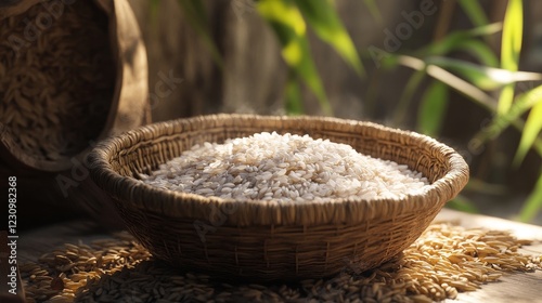 A close-up of a basked filled with white rice, illuminated by soft sunlight, surrounded by natural elements creating a serene and tranquil atmosphere in a rustic setting