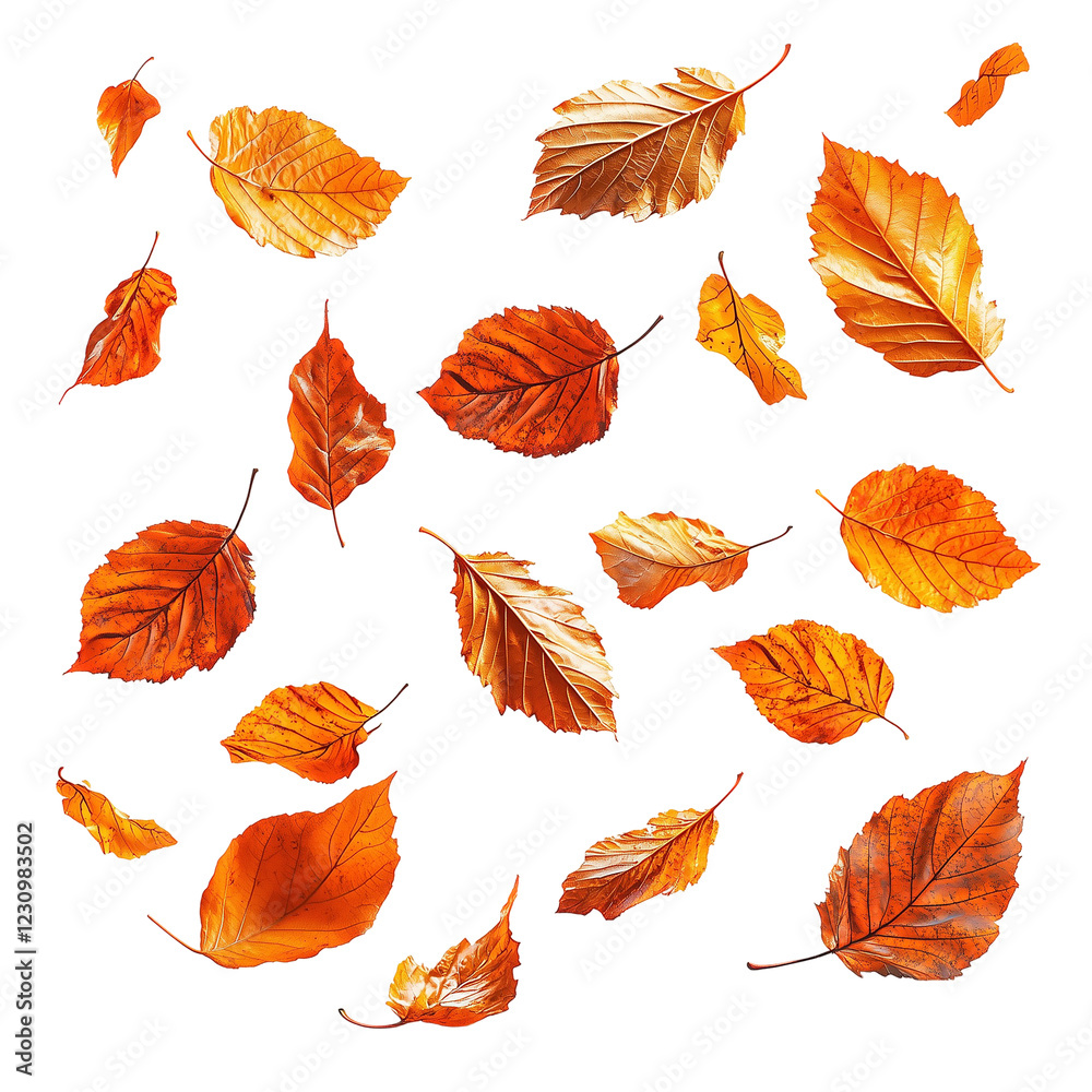 Obraz premium Falling autumn leaves, vibrant orange hues, scattered arrangement, seasonal fall design, transparent background