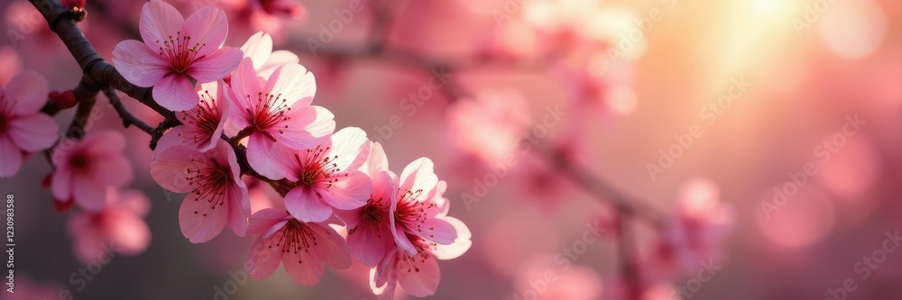 Fototapeta premium Spring morning light on blooming cherry blossoms, flowers, colorful, sunlight