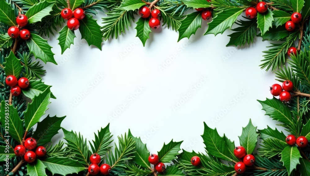 Spruce branches forming a festive holly border, Green, Evergreen Spruce branches forming a festive holly border, Green, Evergreen