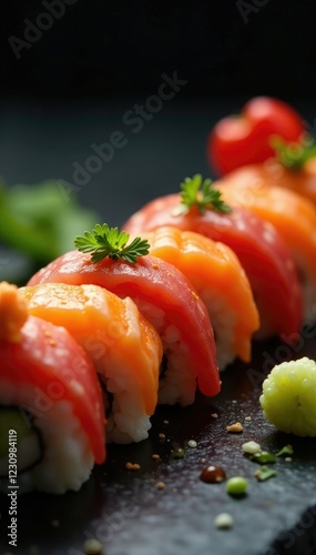 Sushi de colores arcoiris en una gran cantidad, dispuestos en un patr?n geom?trico perfecto, presentaci?n, dise?o photo