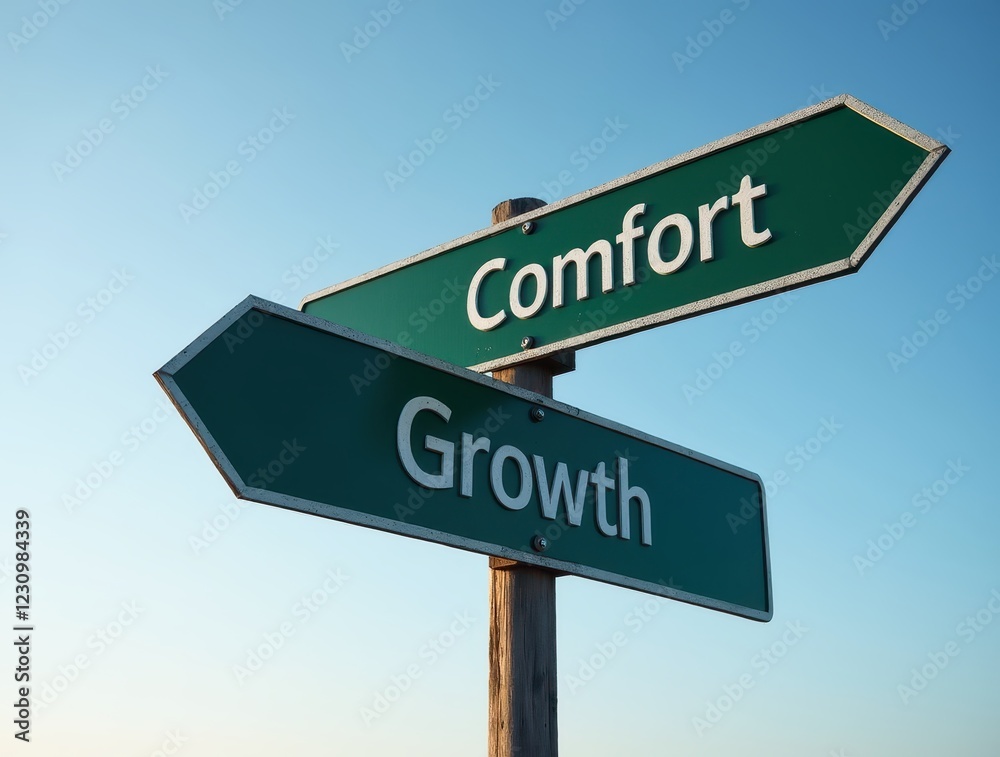 Fototapeta premium Road Sign Pointing in Two Opposite Directions: Comfort and Growth