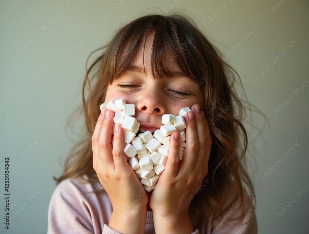 Little Girl Holding Marshmallows and Struggling to Hold in Laughter Little Girl Holding Marshmallows and Struggling to Hold in Laughter