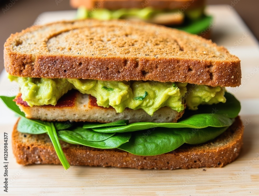 Rye Bread Sandwich Stacked with Spinach, Grilled Chicken and Mashed Avocado