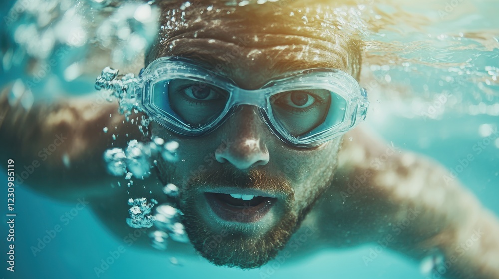 Fototapeta premium Young male swimmer exudes determination while gliding underwater