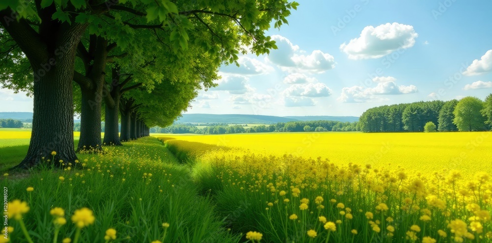 Fototapeta premium A grove of trees provides shade for a vast expanse of golden canola crops in a sunny meadow, flowers, trees, countryside