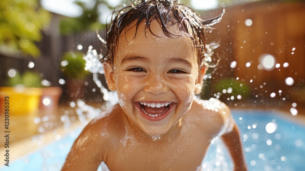 Child joyfully runs through a backyard sprinkler on a hot summer day Child joyfully runs through a backyard sprinkler on a hot summer day