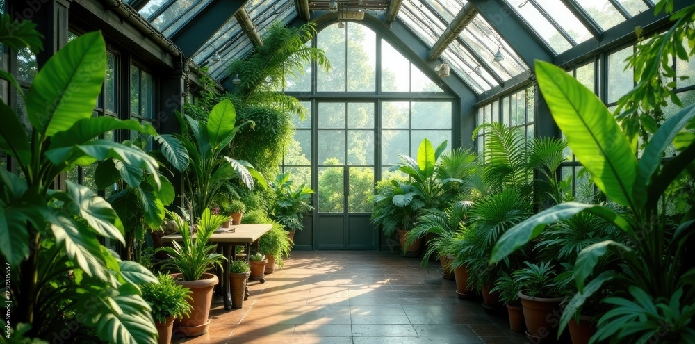 A serene greenhouse filled with exotic plants and ferns, tropical plants, ferns, foliage A serene greenhouse filled with exotic plants and ferns, tropical plants, ferns, foliage