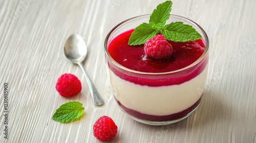 A rich and creamy panna cotta with a raspberry coulis topping and fresh mint leaves, served in a clear glass cup, Panna cotta centered