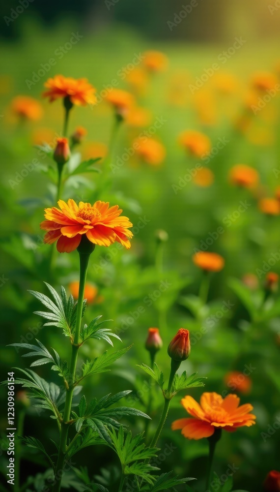 Colorful marigold blooms in a lush green meadow, plants, flowers, blossoms Colorful marigold blooms in a lush green meadow, plants, flowers, blossoms