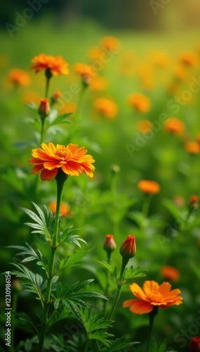 Wallpaper Mural Colorful marigold blooms in a lush green meadow, plants, flowers, blossoms Torontodigital.ca