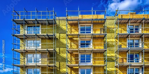 Silhouette of Apartment Building Facade Insulation: Rock Mineral Wool & Scaffolding Against Blue Sky