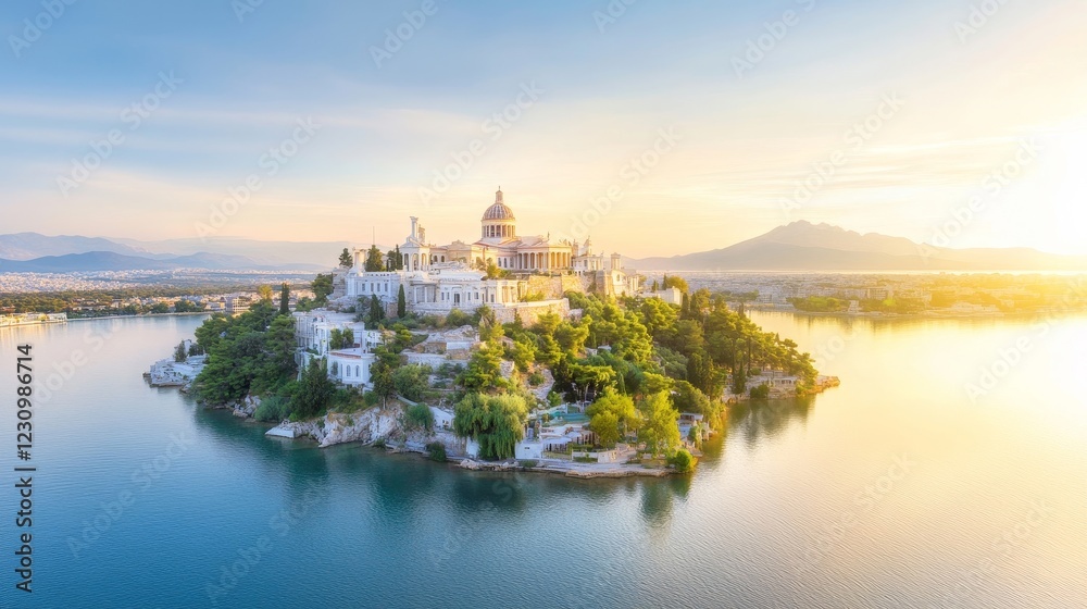 Naklejka premium Scenic Aerial View of a Beautiful Island with Historic Architecture, Lush Greenery, and Calm Waters during Sunset Reflected in the Sky